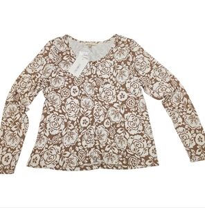 Brown and White Floral Long Sleeve Knit Sweater Top Size M